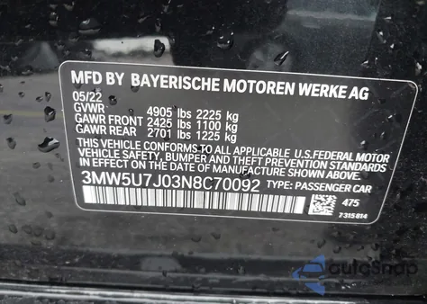 2022 BMW 3 Series M340I from USA, damaged, VIN 3MW5U7J03N8C70092